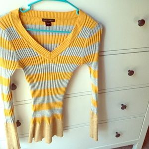 Striped Cable Knot V Neck Sweater