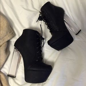Qupid Black Lace Up Ankle Boot Bootie Lucite Heel