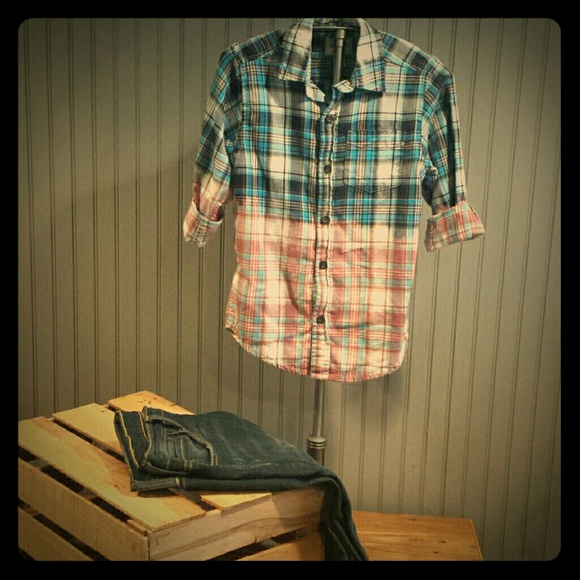 Kid's Upcycled Flannel Dip Dyed Plaid Shirt