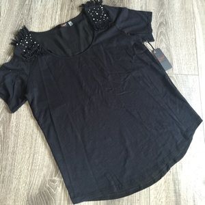 Dex Black Fringe & Stud Shoulder Shirt Top Tee