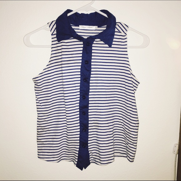 Blue and white striped collared tank top