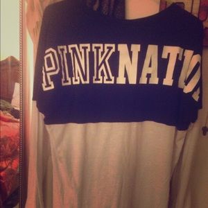 Long sleeve, lightweight PINK shirt. Black &white.