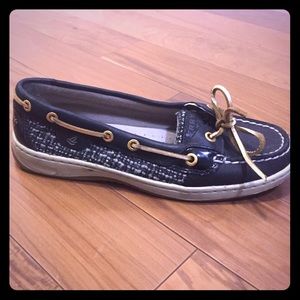 Sperry Topsider blue and gold shimmer boat shoes