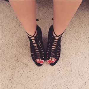 Lace-up faux suede pumps