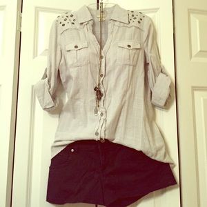 Studded button-down, roll-sleeve shirt