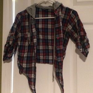 Plaid / flannel type crop top with grey hood