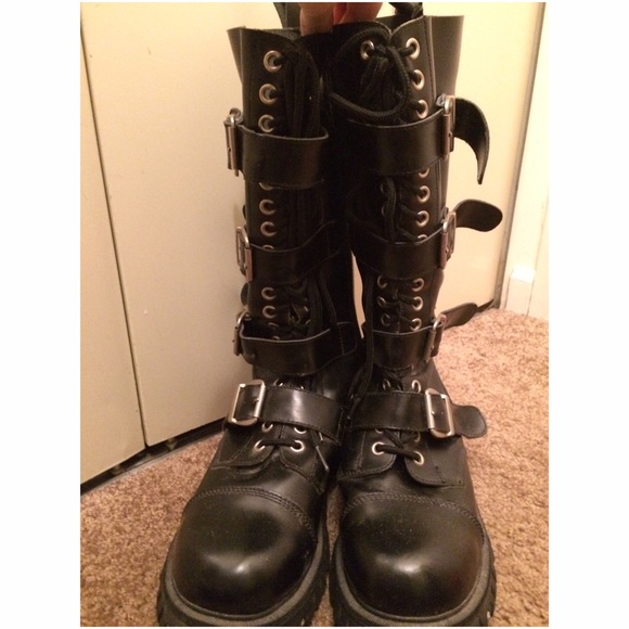 Black faux leather combat boots