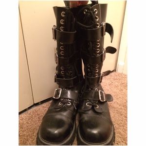 Black faux leather combat boots