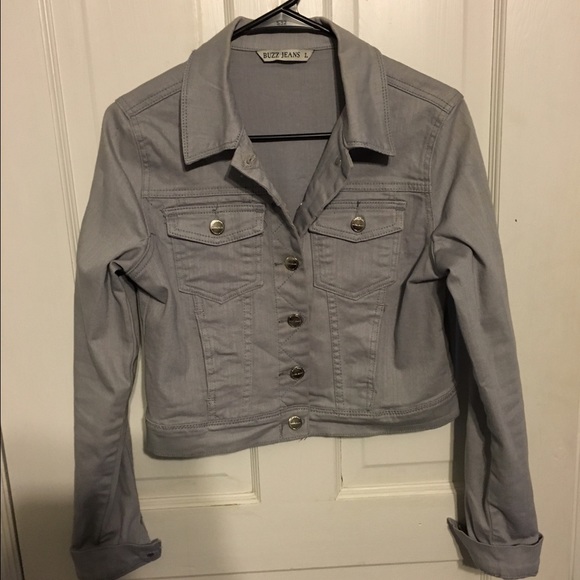 Purplish gray denim jacket with silver buttons