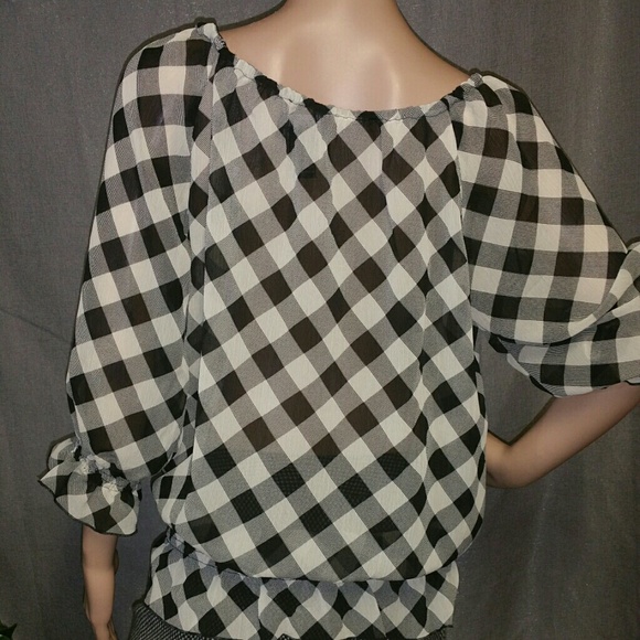 Blouse black tan checked blouse - Picture 2 of 4