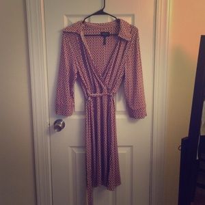 Red and white jersey wrap dress.