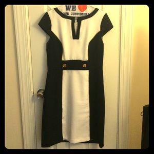 Navy and white short sleeve sheath dress.