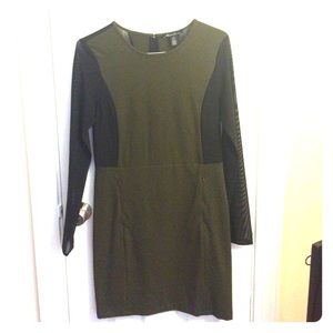 Olive green and black long-sleeved sheath dress.
