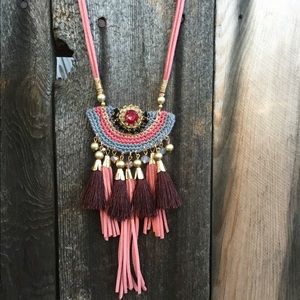 Boho Knit Tassel Fringe Pendant Beaded Necklace