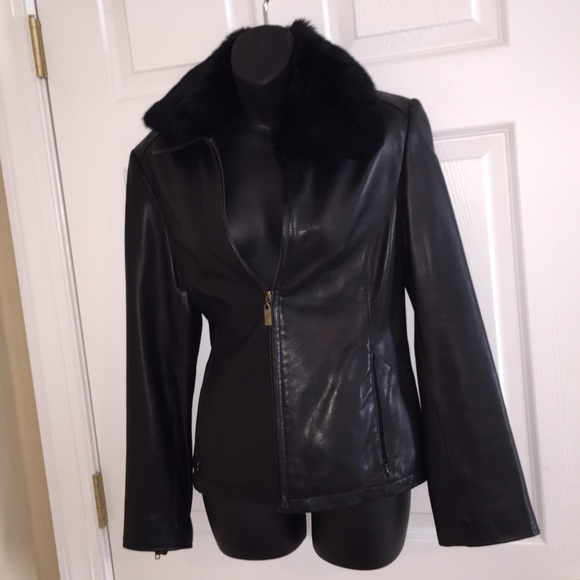 Black Leather Jacket Small with Rabbit Fur Collar