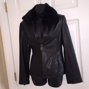 Black Leather Jacket Small with Rabbit Fur Collar
