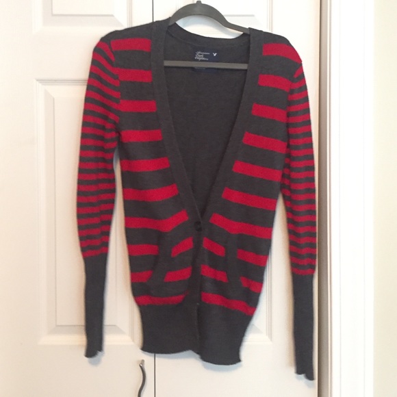Gray and red cardigan