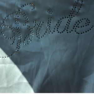 Bride white silk robe wit bride in rhinestones.