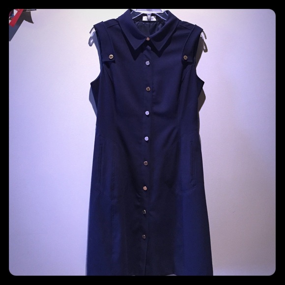 CALVIN KLEIN Size 10 Navy Dress / Gold Accents