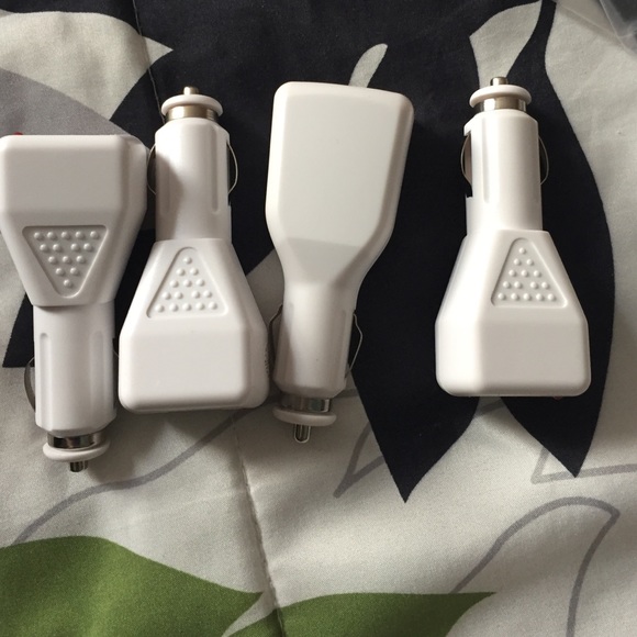 Car chargers, wall pluggers & audio player USB's.