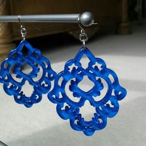 Lucite filigree earrings, peacock blue