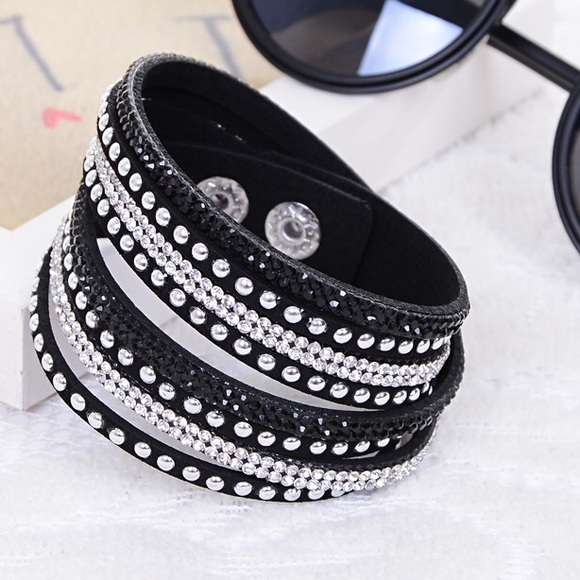 Rhinestone Crystal Black Wrap Bracelet 2 Layers