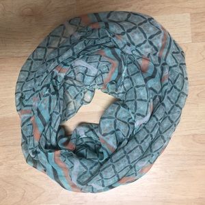 Teal and peach patterned infinity scarf
