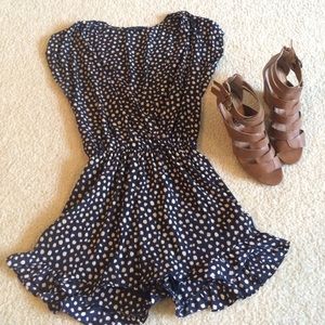 Navy and tan polka dot romper