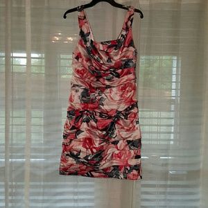 Pink, gray and ivory floral print satin dress