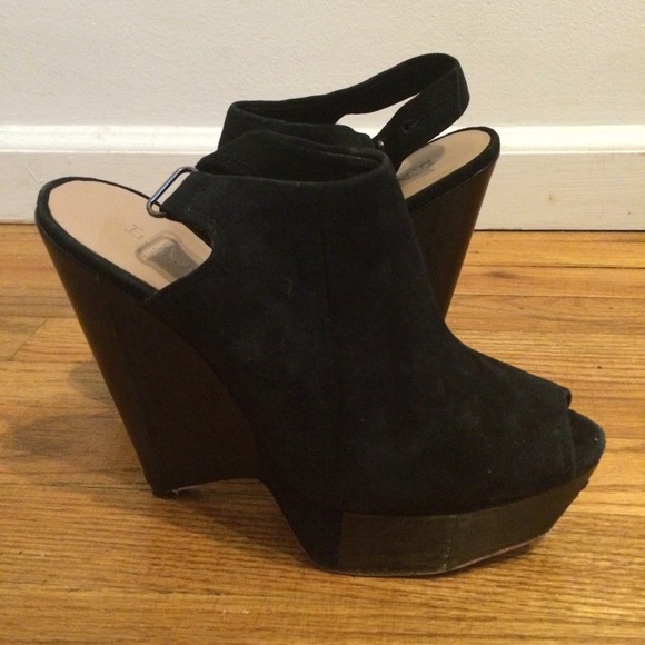 L.A.M.B Black Suede Slingback Wedges