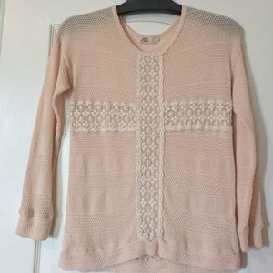 Elodie. Lightweight peach and lace sweater.