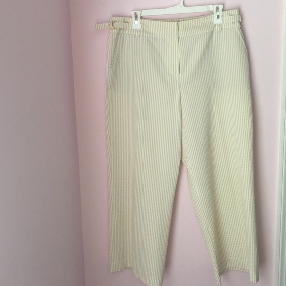 Crop pant. Tan and white stripes.