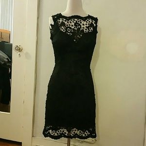 Black lace open back short cocktail dress