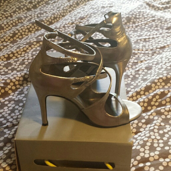 strappy gray pewter heels