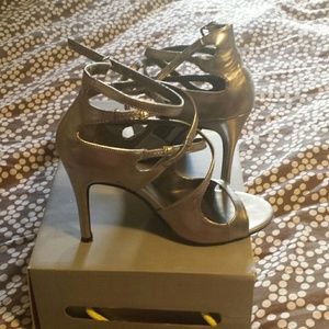 strappy gray pewter heels