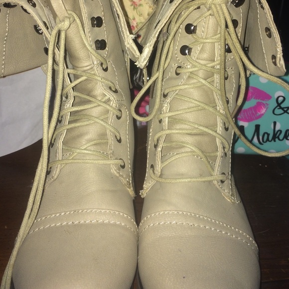 Beige Floral Combat Boots