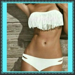 White padded Boho fringe bandeau bikini