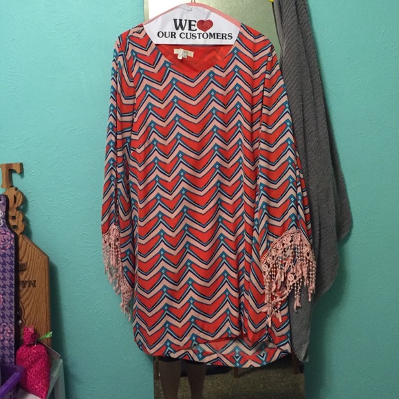 Cold Shoulder Shift Dress w/ Fringe Sleeves