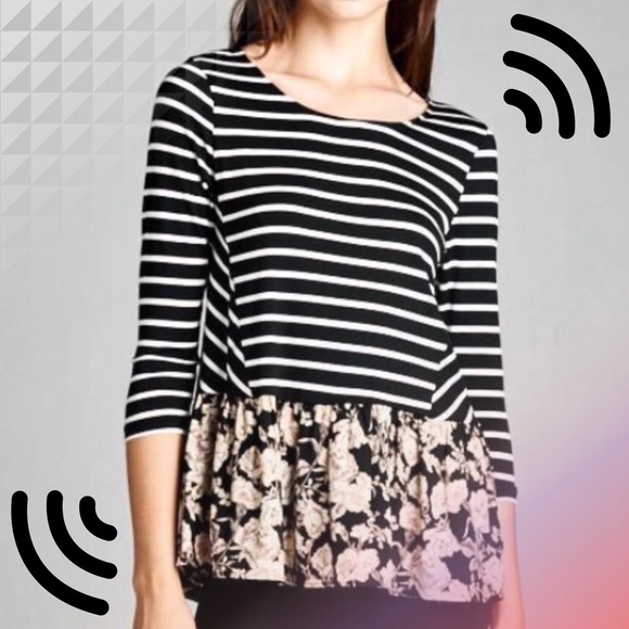 T.La Tops - DARLING STRIPED TOP WITH FLORAL PEPLUM
