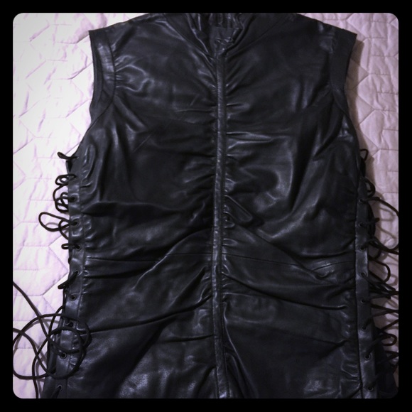 Black 100% Leather Sleeveless Shirt