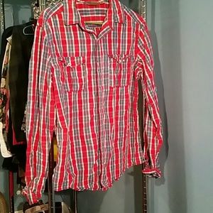 Red, blue, and white plaid shirt