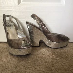 Silver metallic funky sling back wedge