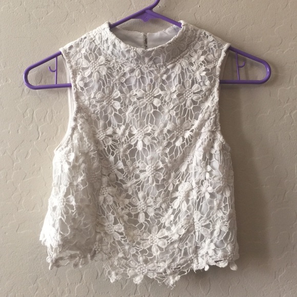 White high neck crop with crochet detailing