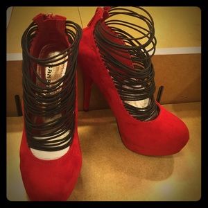 Red and black bamboo heels