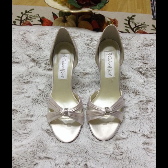 Coloriffics white satin open toe heels