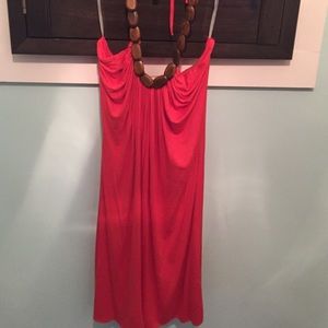 Beachy coral dress with wood neckline