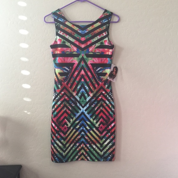 Floral black striped body con dress