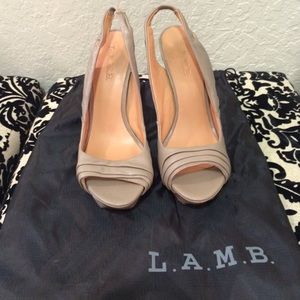 L.A.M.B  platform peep toe sling back heel.