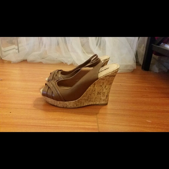 Brown peep toe wedges