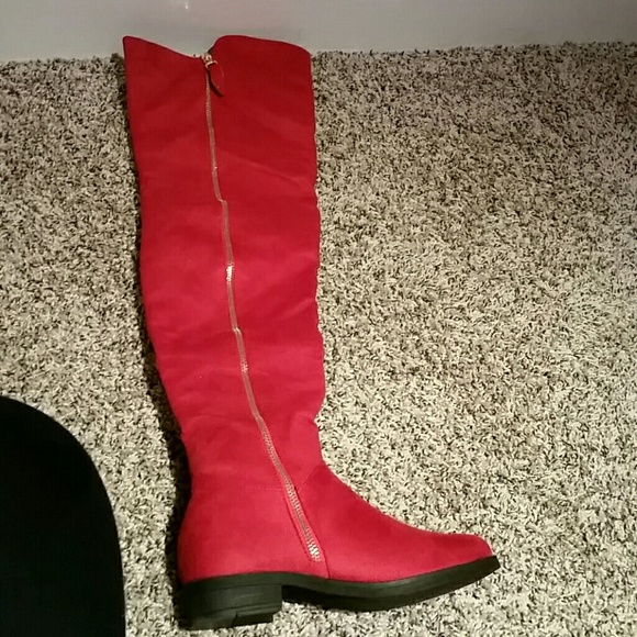 Thigh high red suade zip up boots
